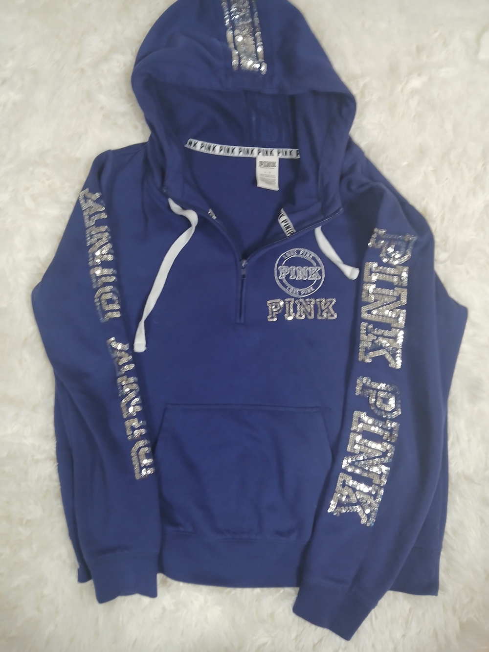 PINK Victoria's Secret Royal Blue Sequin Logo Hoodie - Picture 3 of 4